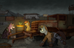 Size: 3200x2100 | Tagged: safe, artist:molars, derpibooru import, oc, oc only, oc:aiden, earth pony, pony, unicorn, fallout equestria, apocalypse, armor, background character, bandage, barrel, billboard, bloodstain, bloody bandage, blue fur, boots, brown mane, bust, clothes, cloudy sky, commission, detailed background, fallout, fallout equestria oc, fire, full body, grass, gun, handgun, harness, holster, in the distance, insane smile, lighting, male, multiple characters, open mouth, pink fur, pistol, pocket, portrait, raised hoof, raised leg, rust, scar, shading, shipping container, shirt, shoes, short mane, skywagon, smiling, stallion, tack, tail, tail wrap, telephone pole, truck, unshorn fetlocks, vehicle, water bottle, weapon, wearing clothes, wires, yellow fur