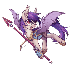 Size: 2515x2217 | Tagged: safe, artist:longfeather, derpibooru import, oc, oc only, oc:sunset cloudy, bat pony, 2023 community collab, armor, bag, bat pony oc, bow (weapon), derpibooru community collaboration, ear fluff, ears, female, flying, glasses, hoof shoes, saddle bag, simple background, slim, solo, solo female, spear, spread wings, thin, transparent background, weapon, wings