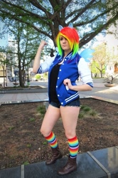 Size: 639x960 | Tagged: safe, artist:mikuleroux, derpibooru import, rainbow dash, human, clothes, cosplay, costume, irl, irl human, multicolored hair, photo, rainbow hair, rainbow socks, socks, striped socks