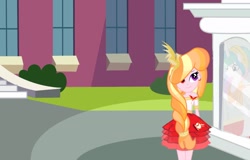 Size: 1204x770 | Tagged: safe, artist:duchesspheonixglow, derpibooru import, oc, oc only, alicorn, human, pony, equestria girls, braid, clothes, female, hair over one eye, heterochromia, offspring, outdoors, parent:princess celestia, skirt, solo