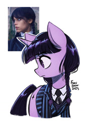 Size: 900x1334 | Tagged: safe, artist:fanzeem, derpibooru import, twilight sparkle, unicorn twilight, pony, unicorn, alternate hairstyle, braid, braided pigtails, clothes, necktie, parody, pigtails, ponified, simple background, solo, suit, wednesday (series), wednesday addams, white background