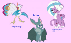 Size: 1280x775 | Tagged: safe, artist:brybrychan, derpibooru import, lightning chill, sugar snap, bat, hybrid, g4.5, my little pony: pony life, echo (g4.5), pink background, simple background