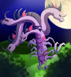 Size: 597x653 | Tagged: safe, artist:brybrychan, derpibooru import, twilight sparkle, hydra, full moon, moon, multiple heads, night, outdoors, solo, species swap, story included, transformation