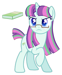 Size: 954x1157 | Tagged: safe, artist:lanternik, derpibooru import, oc, oc only, pony, unicorn, base used, book, eyelashes, female, frown, glasses, horn, magical lesbian spawn, mare, offspring, parent:blossomforth, parent:moondancer, raised hoof, raised leg, simple background, solo, transparent background, unicorn oc