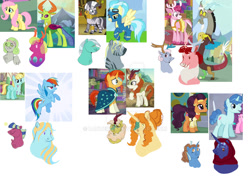 Size: 1280x953 | Tagged: safe, artist:lanternik, derpibooru import, autumn blaze, bori the reindeer, discord, fluttershy, helia, misty fly, party favor, rainbow dash, saffron masala, sunburst, thorax, zecora, oc, changedling, changeling, earth pony, kirin, pegasus, pony, unicorn, clothes, deviantart watermark, king thorax, obtrusive watermark, screencap reference, simple background, transparent background, uniform, watermark, wonderbolts uniform