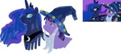 Size: 1280x571 | Tagged: safe, artist:lanternik, derpibooru import, princess luna, twilight sparkle, unicorn twilight, alicorn, pony, unicorn, crown, deviantart watermark, female, jewelry, mare, obtrusive watermark, peytral, regalia, screencap reference, simple background, star swirl the bearded costume, watermark, white background