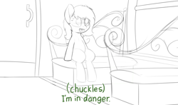 Size: 4000x2354 | Tagged: safe, artist:smoldix, ponerpics import, oc, oc only, oc:anon filly, pony, caption, chest fluff, dialogue, door, female, filly, foal, i'm in danger, meme, open mouth, ralph wiggum, seat, sitting, sketch, solo, the simpsons, train, train car, window, wip