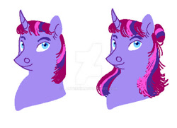 Size: 400x290 | Tagged: safe, artist:lanternik, derpibooru import, oc, oc only, pony, unicorn, bust, deviantart watermark, duo, female, horn, magical lesbian spawn, mare, obtrusive watermark, offspring, parent:tempest shadow, parent:twilight sparkle, parents:tempestlight, simple background, unicorn oc, watermark, white background