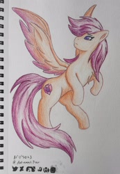 Size: 2177x3153 | Tagged: safe, artist:autumnsfur, derpibooru import, scootaloo, pegasus, pony, bipedal, chest fluff, colored, cutie mark, date, eyelashes, female, full body, head turn, hooves, hopeful, irl, logo, long hair, long mane, long tail, mare, older, older scootaloo, orange coat, orange fur, pencil drawing, photo, pink hair, pink mane, purple eyes, purple hair, purple mane, scootaloo can fly, signature, simple background, sketch, solo, spread wings, tail, traditional art, wings