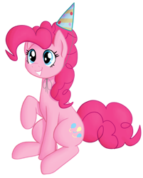 Size: 802x996 | Tagged: safe, artist:laserkitten, derpibooru import, pinkie pie, earth pony, pony, birthday, female, hat, mare, party hat, raised hoof, raised leg, simple background, sitting, smiling, solo, transparent background