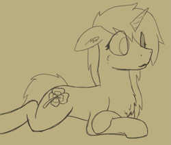 Size: 3283x2783 | Tagged: safe, artist:al solae, derpibooru import, oc, oc only, oc:lucky day, pony, unicorn, cheek fluff, chest fluff, clover, ear fluff, ears, female, floppy ears, four leaf clover, horn, lying down, mare, sketch, slim, solo, thin, unicorn oc