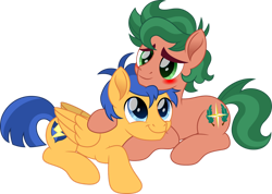 Size: 1280x912 | Tagged: safe, artist:cloudyglow, derpibooru import, flash sentry, timber spruce, earth pony, pegasus, pony, blue eyes, blushing, cute, cutie mark, diasentres, equestria girls ponified, gay, green eyes, male, ponified, shipping, simple background, smiling, tail, timberbetes, timberflash, transparent background, wings