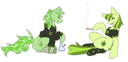 Size: 2732x1324 | Tagged: safe, artist:snows-undercover, derpibooru import, oc, oc only, oc:hemp tea, oc:stoney poney, earth pony, pony, 2023 community collab, bloodshot eyes, blunt, bong, clothes, derpibooru community collaboration, drugs, duo, earth pony oc, female, grin, high, hoodie, hoof hold, mare, marijuana, open mouth, raised hoof, raised leg, shirt, simple background, sitting, smiling, smoke, smoking, socks, stockings, striped socks, t-shirt, thigh highs, transparent background