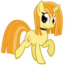 Size: 1500x1500 | Tagged: safe, artist:heliocentric, derpibooru import, oc, oc only, oc:amber flair, pony, unicorn, 2023 community collab, choker, derpibooru community collaboration, female, full body, heart, hooves, horn, mare, raised hoof, raised leg, simple background, smiling, solo, tail, transparent background, two toned mane, two toned tail, unicorn oc