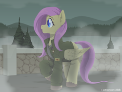 Size: 1600x1200 | Tagged: safe, artist:willoillo, derpibooru import, fluttershy, pegasus, clothes, fog, military uniform, silent hill, uniform