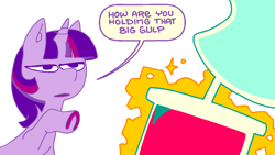 Size: 1470x827 | Tagged: safe, artist:batshaped, derpibooru import, lyra heartstrings, twilight sparkle, unicorn twilight, pony, unicorn, boast busters, big gulp, dialogue, drink, drinking, drinking straw, duo, female, horseshoes, levitation, magic, magic aura, mare, pointing, simple background, speech bubble, telekinesis, white background