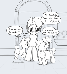 Size: 914x1008 | Tagged: safe, artist:storyteller, derpibooru import, oc, oc:omelette, earth pony, unicorn, colt, cute, dialogue, earth pony oc, excited, female, filly, foal, horn, male, monochrome, smiling, speech bubble, stallion, unicorn oc