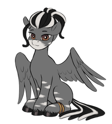 Size: 1132x1254 | Tagged: safe, artist:escapist, derpibooru import, oc, oc only, oc:kujivunia, hybrid, pegasus, zebra, 2023 community collab, bracelet, derpibooru community collaboration, dreadlocks, female, hybrid oc, jewelry, mare, pegazebra, simple background, sitting, solo, transparent background, unshorn fetlocks, zebrasus