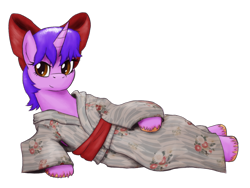 Size: 1600x1200 | Tagged: safe, artist:hiddelgreyk, derpibooru import, oc, oc only, alicorn, 2023 community collab, alicorn oc, bow, brown eyes, clothes, derpibooru community collaboration, female, hair bow, horn, kimono (clothing), lying down, mare, purple hair, simple background, solo, transparent background, wings