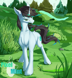 Size: 2278x2472 | Tagged: safe, artist:pixel mint, derpibooru import, oc, oc only, oc:pixel mint, pony, unicorn, grass, horn, male, solo, sternocleidomastoid, unicorn oc