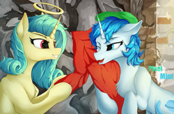 Size: 3229x2133 | Tagged: safe, artist:pixel mint, derpibooru import, oc, oc only, oc:blueblaze stardust, oc:seven sister, pony, unicorn, baseball cap, cap, duo, duo female, eye contact, eyebrows, female, grin, halo, hat, high res, horn, looking at each other, looking at someone, mare, one eye closed, open mouth, open smile, signature, smiling, unicorn oc, wink