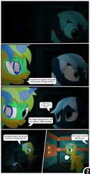 Size: 1519x2942 | Tagged: safe, artist:mrkm, derpibooru exclusive, derpibooru import, oc, oc only, oc:azure moon(mrkm), oc:hard sprocket, pegasus, pony, unicorn, comic:synthesis, ..., blind eye, broken horn, comic, darkness, dialogue, duo, female, filly, foal, glowing, glowing horn, horn, magic, male, pegasus oc, shrunken pupils, speech bubble, stallion, telekinesis, unicorn oc, unshorn fetlocks