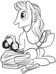 Size: 912x1200 | Tagged: safe, artist:abronyaccount, derpibooru exclusive, derpibooru import, oc, oc only, oc:phrase turner, earth pony, 2023 community collab, black and white, derpibooru community collaboration, earbuds, earth pony oc, grayscale, headphones, high res, ink drawing, long mane, long mane male, long tail, male, monochrome, mp3 player, sideburns, simple background, sitting, smiling, solo, stallion, tail, traditional art, transparent background