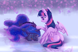 Size: 1240x840 | Tagged: safe, artist:polyblank, derpibooru import, princess luna, twilight sparkle, twilight sparkle (alicorn), alicorn, pony, g4, comforting, crying, cute, duo, duo female, female, looking at someone, lying down, mare, painting, prone, simple background, sitting, spread wings, support, wings
