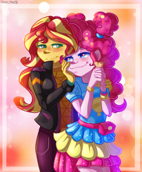 Size: 1680x2040 | Tagged: safe, artist:yuris, derpibooru import, pinkie pie, sunset shimmer, human, better together, equestria girls, blushing, churros, clothes, cute, duo, duo female, female, food, lesbian, music festival outfit, shipping, simple background, smiling, sunsetpie