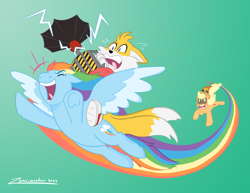 Size: 3300x2550 | Tagged: safe, artist:zannianator, derpibooru import, applejack, rainbow dash, anthro, earth pony, fox, pegasus, pony, angry, ashleigh ball, clothes, commission, crossover, device, fire, flying, frog (hoof), gradient background, green background, hat, high res, laughing, miles "tails" prower, multiple tails, on fire, prank, running, running away, scared, shoes, signature, simple background, sonic prime, sonic the hedgehog (series), tail, terrified, two tails, underhoof, voice actor joke