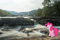 Size: 1600x1066 | Tagged: safe, artist:dashiesparkle, derpibooru import, pinkie pie, earth pony, pony, balloonbutt, butt, female, irl, mare, photo, plot, ponies in real life, smiling, solo, water, waterfall, west virginia