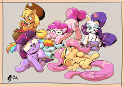 Size: 2739x1922 | Tagged: safe, artist:applephil, derpibooru import, applejack, fluttershy, pinkie pie, rainbow dash, rarity, twilight sparkle, unicorn twilight, earth pony, insect, ladybug, pegasus, pony, unicorn, apple, basket, beige background, blush sticker, blushing, ears, female, floppy ears, food, insect on nose, lying down, mane six, mare, on back, sewing machine, simple background, sitting, twilight hates ladybugs