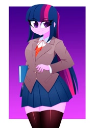 Size: 1500x2000 | Tagged: safe, artist:xan-gelx, derpibooru import, twilight sparkle, human, equestria girls, border, clothes, commission, cosplay, costume, doki doki literature club, eye clipping through hair, female, hand on hip, jacket, lidded eyes, school uniform, skirt, smiling, smug, socks, solo, thigh highs, video game crossover