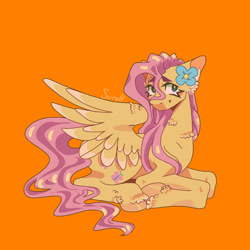 Size: 1280x1280 | Tagged: safe, artist:suruhatsune, derpibooru import, fluttershy, pegasus, pony, flower, orange background, simple background, solo