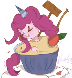 Size: 2620x2820 | Tagged: safe, artist:bridge, derpibooru import, pinkie pie, earth pony, pony, autograph, board, cherry, cupcake, eye clipping through hair, eyes closed, food, hat, heart, ibispaint x, leaf, letter, open mouth, plate, simple background, smiling, solo, white background