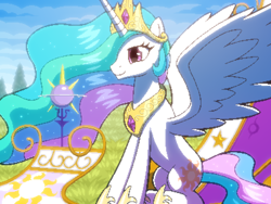 Size: 800x600 | Tagged: safe, artist:rangelost, derpibooru import, princess celestia, alicorn, pony, chariot, crown, cyoa, cyoa:d20 pony, ethereal mane, jewelry, offscreen character, pixel art, regalia, solo, story included