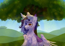 Size: 3500x2500 | Tagged: safe, artist:medkit, derpibooru import, oc, oc only, oc:wendy levitar, pegasus, pony, big eyes, blue sky, calm, chest fluff, complex background, crepuscular rays, dappled sunlight, day, ear fluff, ears, eyeliner, eyes open, eyeshadow, feather, female, fluffy, foliage, grass, heterochromia, high res, hill, leaves, lilac, looking up, makeup, mare, paint tool sai 2, particles, pegasus oc, short mane, sitting, sky, solo, spread wings, sunny day, tassels, tree, wings