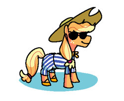 Size: 402x329 | Tagged: safe, artist:punkittdev, derpibooru import, applejack, earth pony, pony, benoit blanc, clothes, cowboy hat, female, glass onion, hat, knives out, simple background, solo, stetson, sunglasses, swimsuit, white background