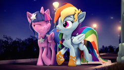 Size: 3840x2160 | Tagged: safe, artist:psfmer, derpibooru import, rainbow dash, twilight sparkle, twilight sparkle (alicorn), alicorn, pegasus, 3d, :p, clothes, cute, dashabetes, dress, eyes closed, female, gala dress, lesbian, night, shipping, smiling, source filmmaker, tongue, tongue out, twiabetes, twidash, walking