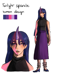 Size: 1015x1353 | Tagged: safe, artist:keksikaro, derpibooru import, twilight sparkle, human, bag, clothes, ear piercing, earring, female, hair over one eye, high heels, horn, horned humanization, humanized, jewelry, leg warmers, nail polish, piercing, reference sheet, shoes, simple background, skirt, sleeveless, sleeveless sweater, sleeveless turtleneck, solo, sweater, white background