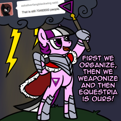 Size: 800x800 | Tagged: safe, artist:thedragenda, derpibooru import, oc, oc:ace, earth pony, pony, ask-acepony, bipedal, costume, earth pony oc, female, hoof hold, king sombra costume, lightning, mare, raised hoof, raised leg, scepter, solo