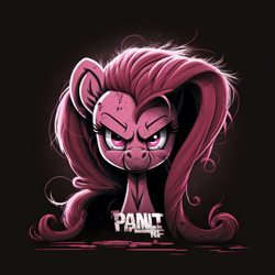 Size: 1024x1024 | Tagged: safe, derpibooru import, machine learning generated, pinkie pie, earth pony, pony, angry, brown background, dirty, looking at you, pink body, pink eyes, pink hair, simple background, solo