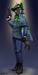 Size: 1536x3000 | Tagged: safe, artist:jedayskayvoker, derpibooru import, oc, oc:alibi, anthro, changeling, pony, blue, boots, cape, changeling oc, clothes, fangs, glasses, gloves, gradient background, gun, handgun, hat, looking at you, male, revolver, shoes, solo, spotlight, spy, stallion, suit, weapon