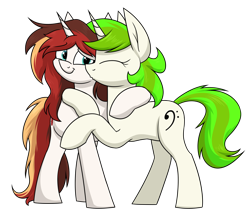 Size: 1984x1704 | Tagged: safe, artist:moonatik, derpibooru import, oc, oc only, oc:scarlet serenade, oc:vinyl mix, pony, unicorn, cuddling, derpibooru community collaboration, eyes closed, female, horn, kiss on the cheek, kissing, lesbian, mare, oc x oc, scarletmix, shipping, simple background, transparent background, unicorn oc