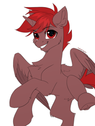 Size: 2000x2641 | Tagged: safe, artist:redchetgreen, derpibooru import, oc, oc:hardy, alicorn, pony, belly, belly fluff, cheek fluff, chest fluff, chin fluff, colored sketch, ear fluff, ears, fluffy, grin, hoof fluff, leg fluff, looking at you, male, partially open wings, red eyes, signature, slim, smiling, smiling at you, stallion, thin, underhoof, wing fluff, wings