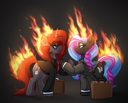 Size: 2872x2312 | Tagged: safe, artist:witchtaunter, derpibooru import, oc, oc:curse word, oc:lost, oc:obabscribbler, earth pony, pony, unicorn, black background, briefcase, chest fluff, clothes, commission, ear fluff, ears, female, fire, glasses, hoofshake, lidded eyes, mare, on fire, simple background, standing, suit
