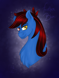 Size: 3000x4000 | Tagged: safe, artist:loopina, derpibooru import, oc, oc:feather blue, earth pony, bust, giveaway, heterochromia, male, raffle, simple background, solo, stallion