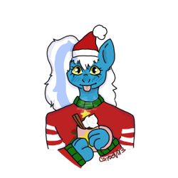 Size: 300x300 | Tagged: safe, artist:und3adrat, derpibooru import, oc, oc only, oc:fleurbelle, semi-anthro, :p, blushing, christmas, cinnamon, clothes, cup, female, food, golden eyes, hat, holiday, mare, santa hat, simple background, solo, sweater, tongue, tongue out, transparent background, whipped cream