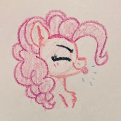 Size: 1931x1931 | Tagged: safe, artist:pink-pone, derpibooru import, pinkie pie, earth pony, pony, bust, crayon drawing, portrait, raspberry, solo, tongue, tongue out, traditional art