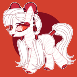 Size: 1024x1027 | Tagged: safe, artist:justsadluna, derpibooru import, oc, oc only, earth pony, pony, earth pony oc, hoof polish, mummy, red background, simple background, solo, tail, tail wrap